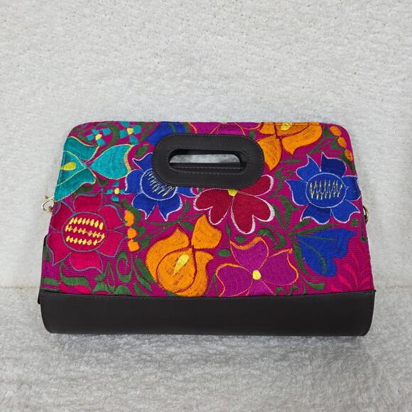 Mexican Floral Chiapas Loom Large Chocolate Brown Vegan Leather Clutch Handbag
